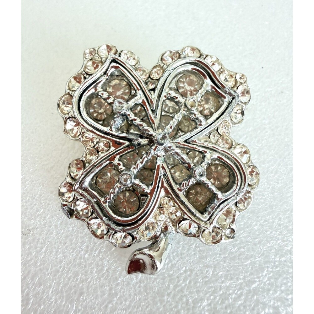 Vintage 1960s Silver Tone Rhinestone Four Leaf Clover Brooch Good Luck Pin Desc